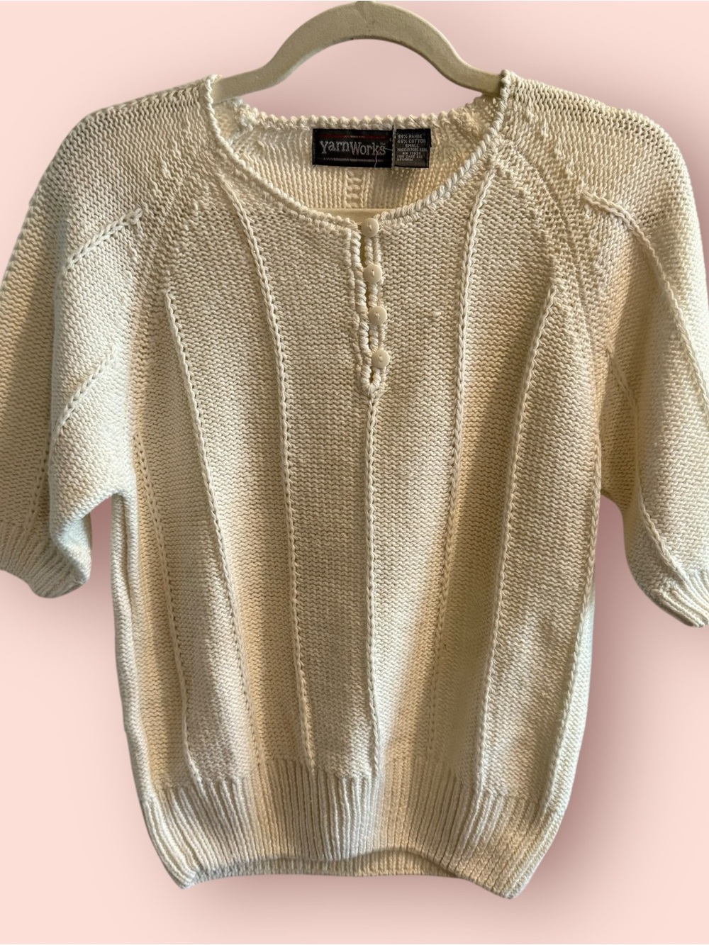 Vintage YarnWorks Cream Ramie Cotton Knit Short Sleeve Sweater